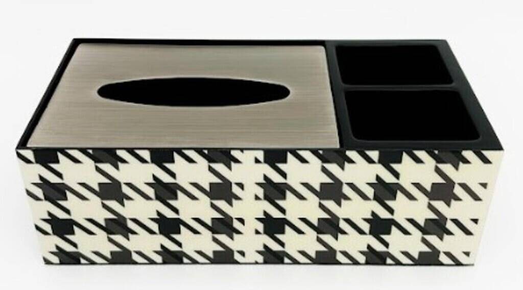 NEW! HOUNDSTOOTH ORGANIZER WITH TISSUE HOLDER: NEW!! HOUNDSTOOTH ORGANIZER WITH TISSUE HOLDER 3" X 10" X 5" APPROX | | | -Stylish rectangular desk organizer featuring a bold black and white houndstooth pattern with contrasting black trim. Designed