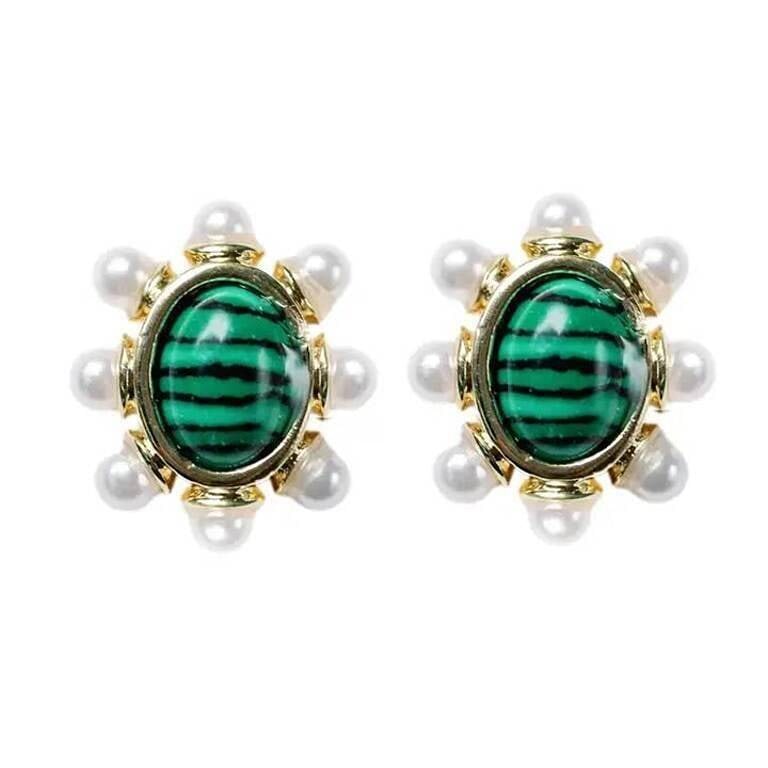 MALACHITE AND PEARL EARRINGS: Vintage gold tones are among this year's biggest trends, and we are delighted to introduce our newest stud earrings featuring a stunning green malachite stone at the center, outlined by delicate pearl