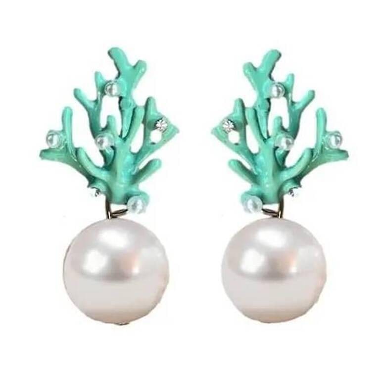 PEARL AND TURQUOISE CORAL STATEMENT EARRINGS: Inspired by the vibrant Amalfi Coast, we are excited to launch our new 1? Pearl and Coral Mini Statement Earrings. These petite beauties feature glass pearls hanging from an intricate enamel-plated tu