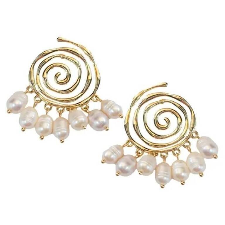 GOLDEN SWIRL PEARL DROP EARRINGS: These ocean-inspired gold-plated brass earrings feature a sleek gold swirl design paired with genuine natural-shaped pearls. The gold and white combination effortlessly complements all summer outfits,