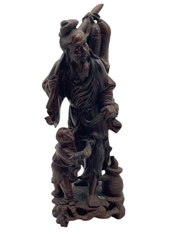 CARVED ORIENTAL STATUE POOR MAN W/ CHILD 15" (1 of 5)