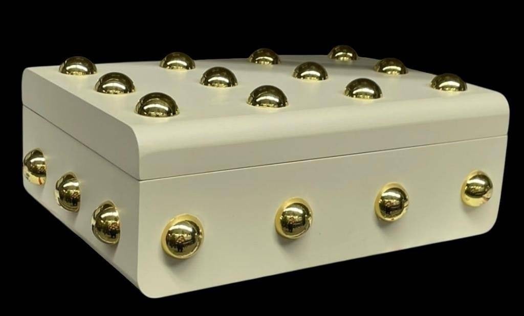 CREAM LACQUER BOX W GOLD STUD ACCENT 9.5" (1 of 3)