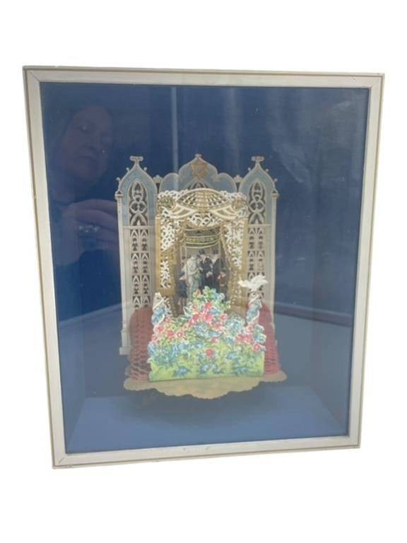 VINTAGE JEWISH WEDDING SHADOWBOX PAPER CUT DISPLAY: VINTAGE JEWISH WEDDING SHADOWBOX PAPER CUT ART DIORAMA FRAMED DISPLAY | | Decorative vintage three-dimensional shadowbox artwork depicting a traditional Jewish wedding scene beneath an ornate ceremoni