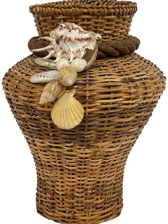 COASTAL WICKER BASKET VASE W SEASHELL 18": -COASTAL WICKER BASKET VASE WITH ROPE & SEASHELL ACCENTS ? 18" H X 11" D | | | -Decorative woven wicker vessel in a classic urn/vase form, featuring a wide flared rim, sculptural braided rope detail a