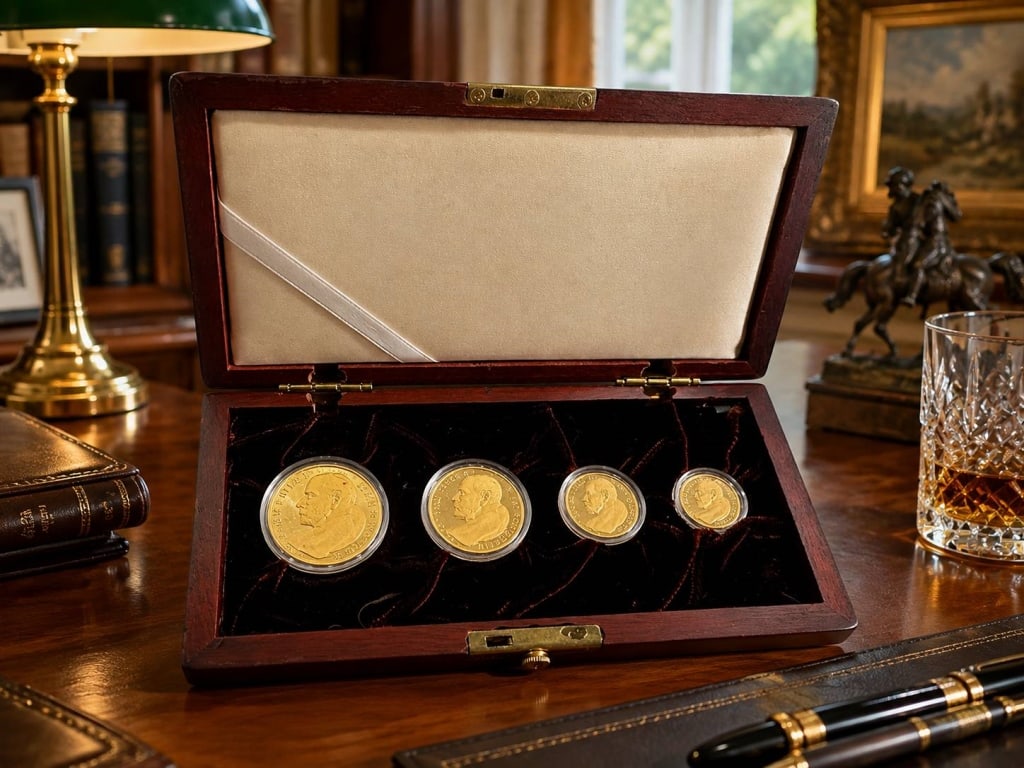 POPE JOHN PAUL II GOLD 10TH ANNIVERSARY CO: A handsome four-piece commemorative gold coin set honoring Pope John Paul II, presented in individual protective capsules and housed in a fitted dark velvet-lined wooden presentation case. Each coin f