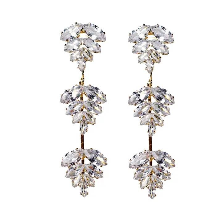 NEW GOLD PALM DROP EARRINGS: Embrace tropical vibes this holiday season with our stunning crystal palm tree earrings, measuring 3 inches in length. These dazzling earrings feature three intricate crystal palm leaf motifs that cap