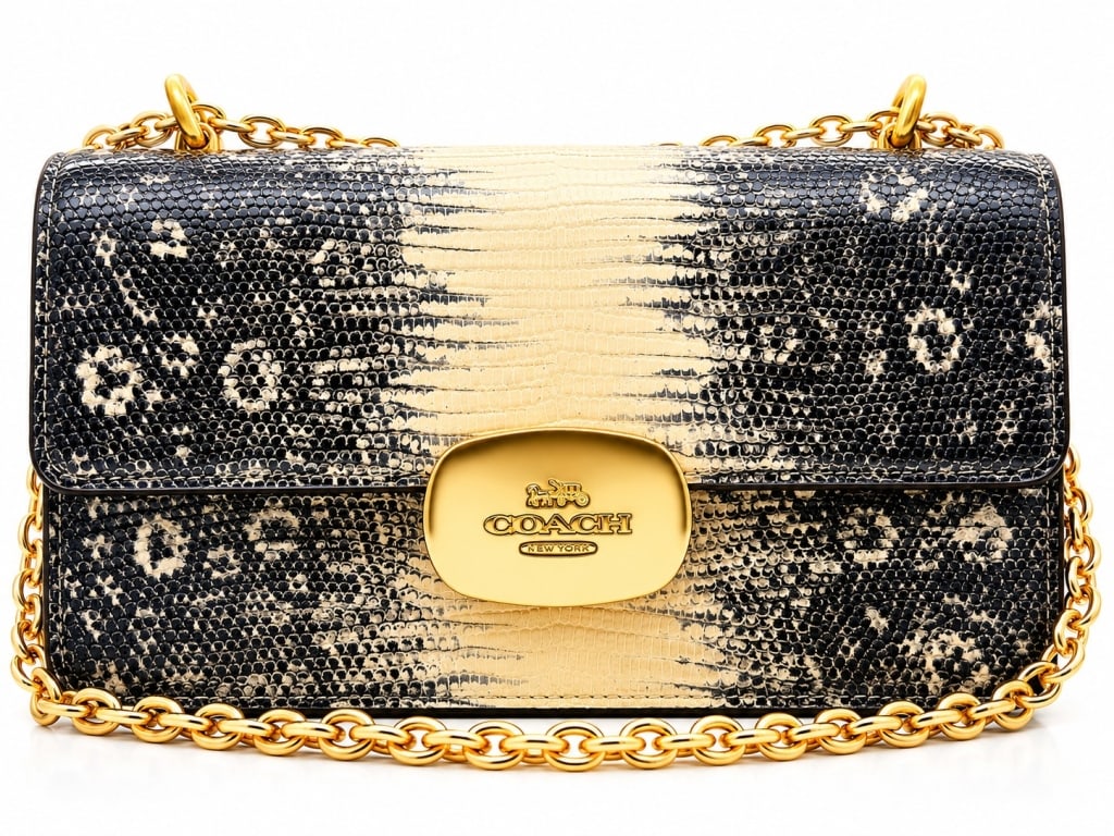 COACH ELIZA LIZARD EMBOSSED CROSSBODY BAG: This Coach Eliza Flap Crossbody bag features a striking natural lizard-embossed leather finish in shades of black, gray, and ivory, complemented by polished gold-tone hardware. The flap front is secur