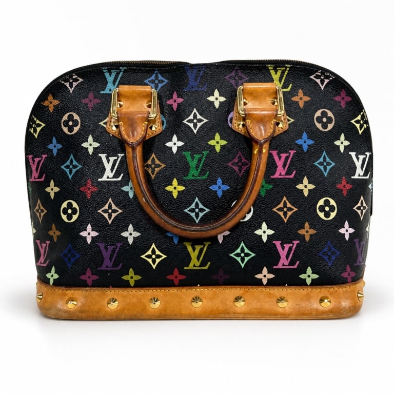 LOUIS VUITTON BLACK MULTICOLOR MONOGRAM ALMA BAG: Louis Vuitton black multicolor Monogram Alma handbag featuring the iconic Murakami-era inspired multicolor LV monogram canvas, natural vachetta leather trim, rolled leather handles, gold-tone hardware