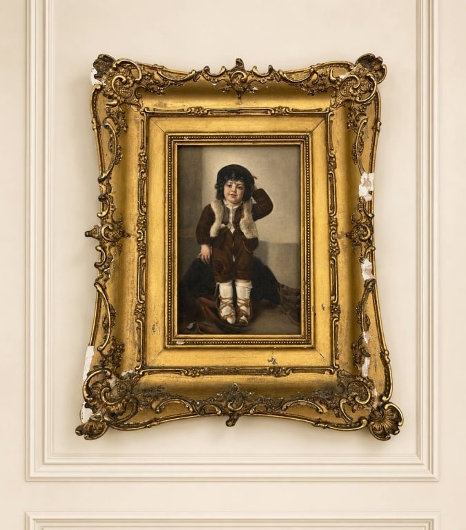 ANTIQUE KPM STYLE CHILD PORTRAIT IN GILT FRAME 10": Antique European-style portrait depicting a young child dressed in traditional attire with a fur-trimmed vest, knee breeches and wrapped footwear. Presented under glass in an elaborate gilt compositio