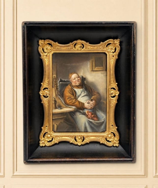 SIGNED WAGNER KPM STYLE PORCELAIN PLAQUE 9": Finely painted porcelain plaque depicting a jovial seated gentleman relaxing in an interior, rendered with detailed facial features, clothing and furnishings. Signed Wagner at the lower right. The pla