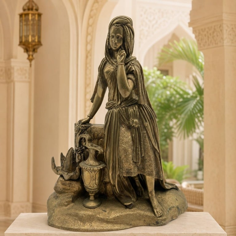 FRENCH BRONZE FIGURE REBECCA AT THE WELL 10.5": French gilt-bronze figure depicting the biblical Rebecca at the well, portrayed in an elaborate draped garment and traditional headdress. She stands beside a naturalistic well setting with an ornate w