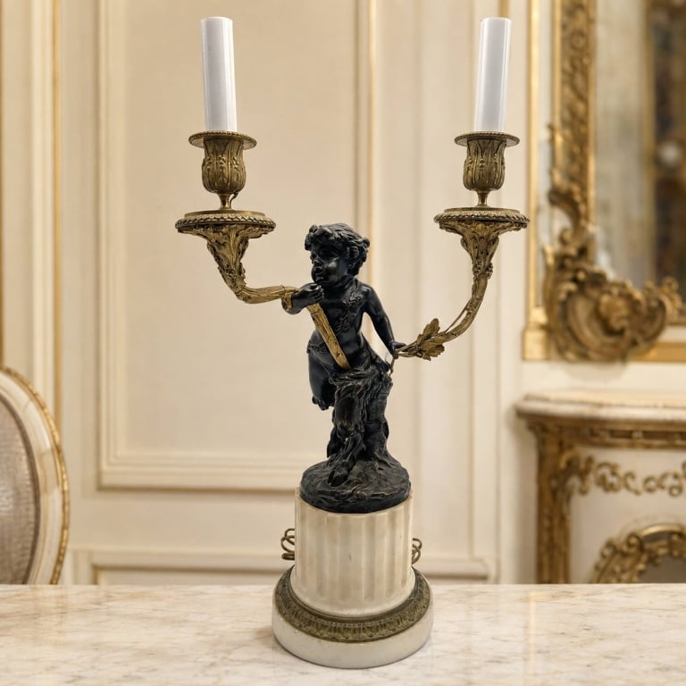 FRENCH BRONZE FIGURAL TWO-LIGHT LAMP 20": French bronze two-light table lamp featuring a dark patinated putto figure supporting scrolling gilt-bronze branches. Each branch terminates in an urn-form socket with foliate decoration, beaded borde