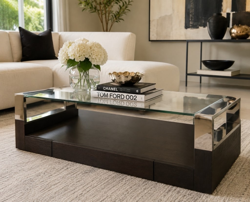 MODERN GLASS & CHROME COFFEE TABLE 50": Sleek contemporary coffee table featuring a thick clear glass top, polished chrome corner supports, and a rich dark wood base with integrated storage drawers. The clean architectural lines and mixed-m