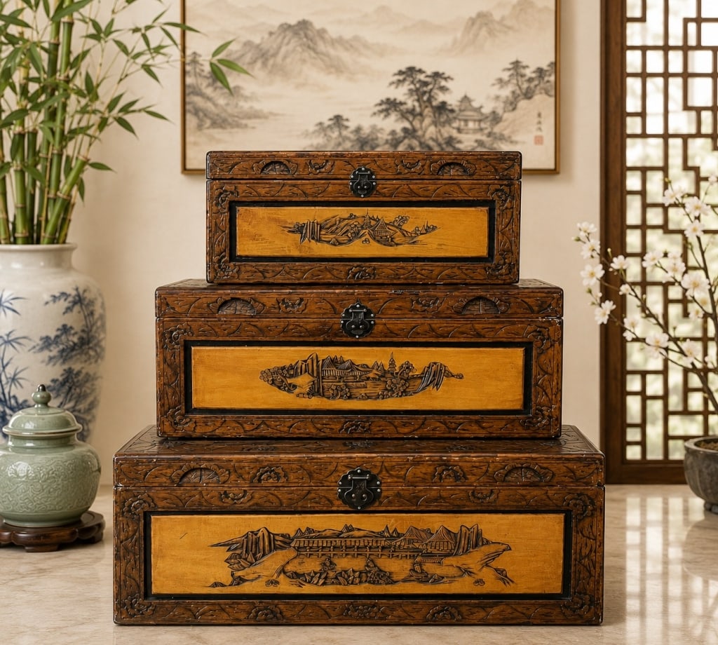 LARGE CARVED ASIAN WOODEN SET OF CHESTS 45" H (1 of 5)