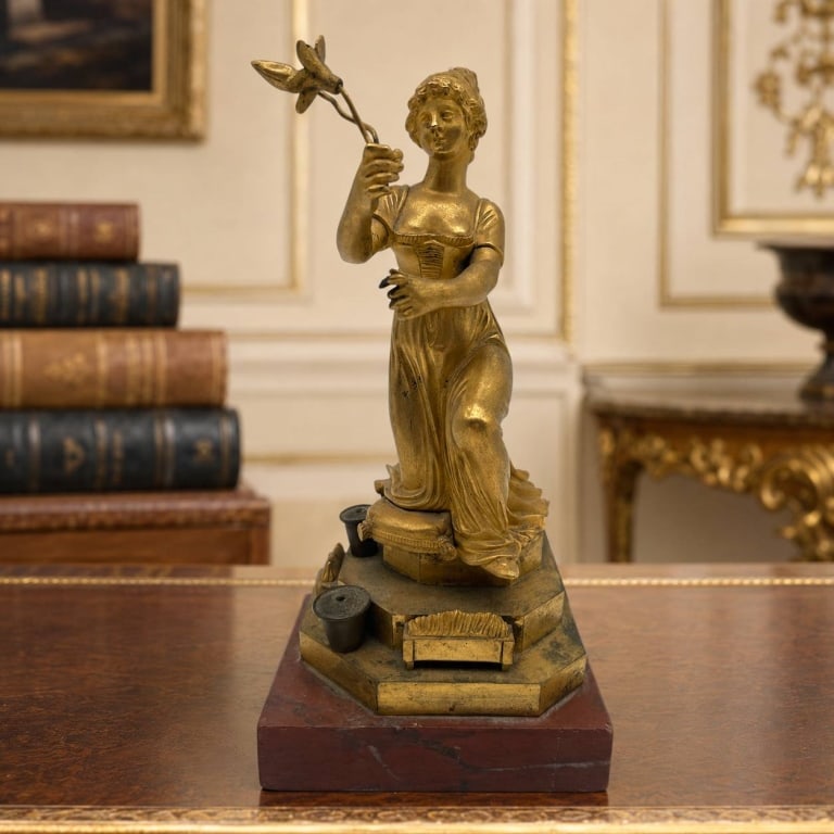 FRENCH GILT-BRONZE WOMAN WITH FLOWER 10": French gilt-bronze sculpture depicting an elegantly dressed woman seated on a cushion while holding a flowering branch. The figure is rendered with finely modeled facial features, period attire and de