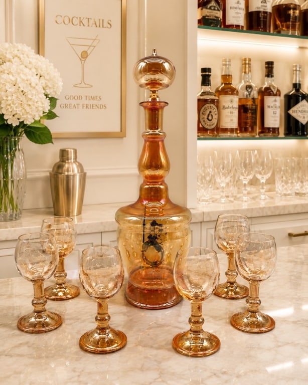MURANO STYLE ART GLASS DECANTER SET 11": An exceptional vintage Murano style art glass decanter set featuring one hand-blown iridescent amber decanter with stopper and six matching cordial glasses. The decanter showcases intricate lampworked