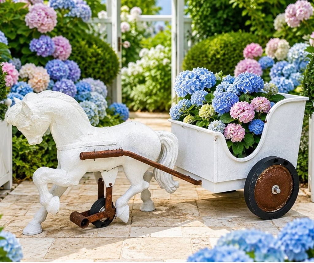 CAST IRON HORSE & CART PLANTER 31": This decorative horse and cart planter is crafted from cast iron with a weathered gray finish and features a pulling horse attached to a two-wheeled planter cart. The generously sized planter offers a