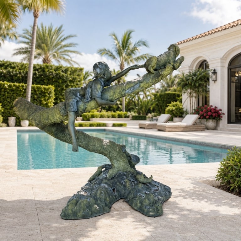 JIM DAVIDSON MONUMENTAL GARDEN SCULPTURE 89: Monumental outdoor garden sculpture attributed to Jim Davidson, featuring a dramatic naturalistic tree form with verdigris patina, climbing children, and playful animal details around the base. This l