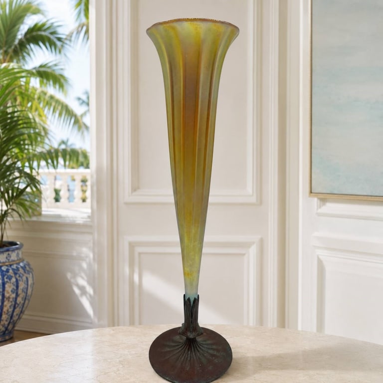 TIFFANY STUDIOS FAVRILE GLASS & BRONZE VASE 18.5": Tiffany Studios New York trumpet-form vase, model 1368, featuring iridescent gold Favrile glass with ribbed design. Mounted on patinated bronze base, marked 'TIFFANY STUDIOS NEW YORK 1368'. Approximat