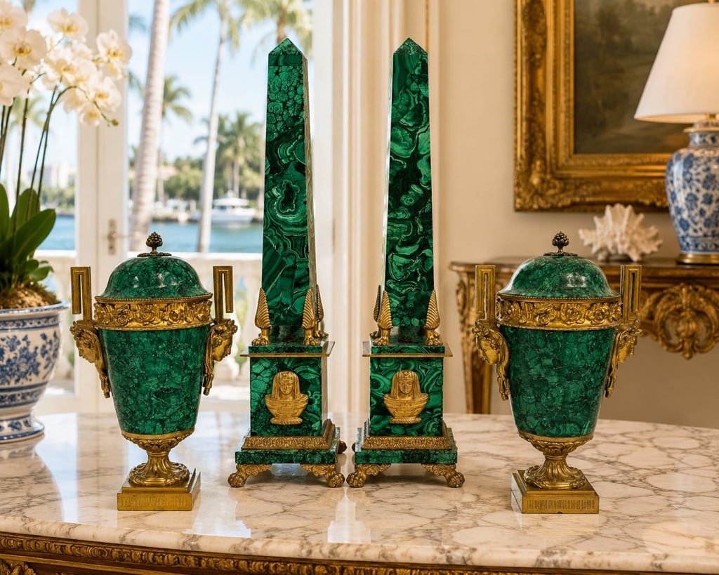 PAIR MALACHITE & GILT BRONZE OBELISKS & URNS 18.5": Impressive four-piece decorative suite featuring a matched pair of tall malachite obelisks and a matched pair of classical lidded urns, all richly accented with gilt-bronze or brass-tone mounts. The o