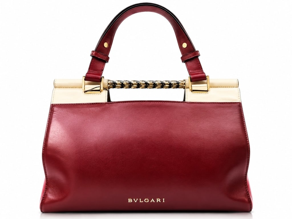 BVLGARI SERPENTI SCAGLIE HANDBAG 12": Elegant, distinctive, and regal, this Bvlgari Serpenti Scaglie handbag showcases the Italian luxury house's celebrated serpent-inspired design aesthetic. Crafted in rich burgundy and blush leather wit
