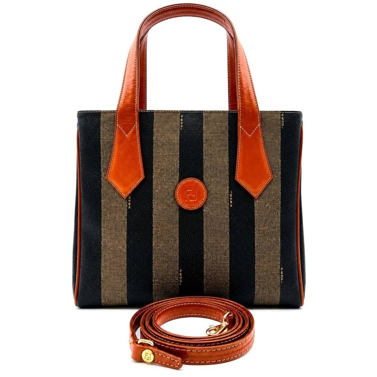 FENDI VINTAGE PEQUIN STRIPE TOTE 10.5": Vintage Fendi Roma Pequin striped tote handbag featuring the iconic dark brown and black vertical stripe pattern with rich cognac brown leather trim. Structured rectangular silhouette with dual leathe
