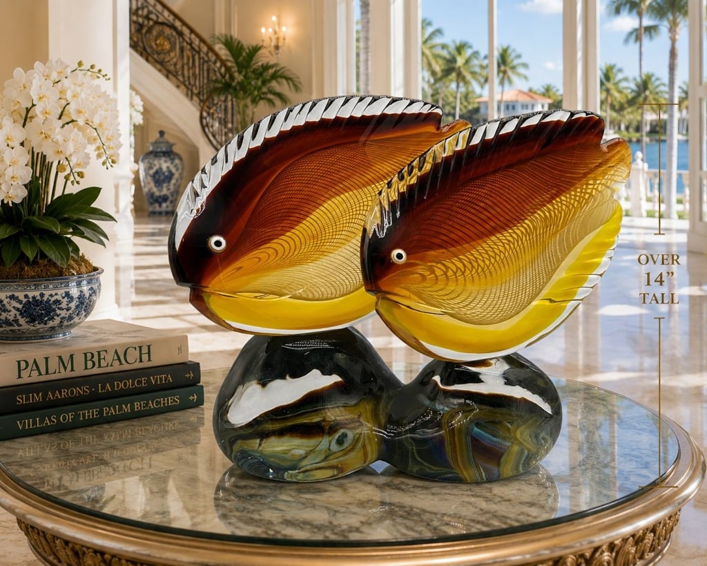ADRIANO DALLA VALENTINA MURANO FISH 18": Signed by master glass artist Adriano Dalla Valentina (1945-2019) Italian Murano art glass sculpture featuring two stylized tropical fish in rich amber, golden yellow, deep burgundy and clear glass. E