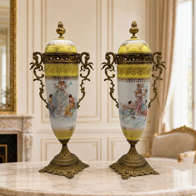 PAIR SEVRES STYLE PORCELAIN COVERED URNS 19": Pair of Sevres-style porcelain covered urns featuring hand-painted classical figural scenes with maidens and cherubs against white and yellow grounds. Each is embellished with intricate gilt decoratio