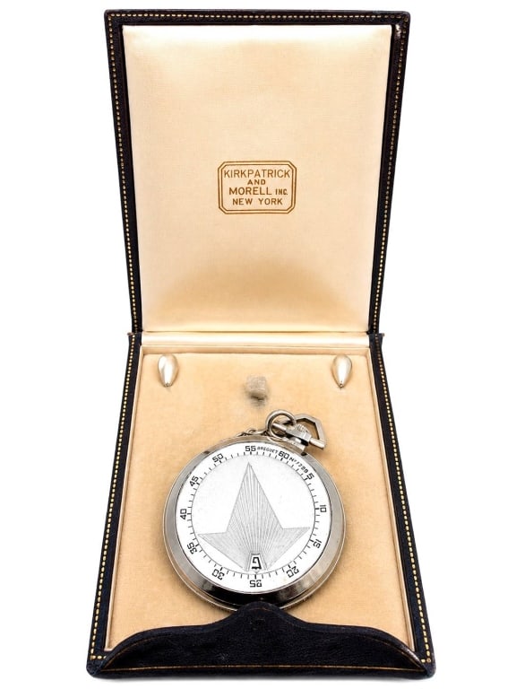BREGUET PLATINUM WANDERING HOUR POCKET WATCH 44MM: Exceptionally rare circa-1930s Breguet Chronoscope open-face jumping and wandering-hour dress pocket watch in platinum, displaying the innovative Art Deco time indication associated with Swiss watchma