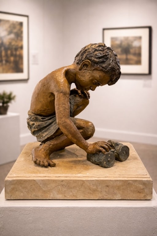 BRONZE SCULPTURE CHILD W/TOY CAR MARBLE BASE 22": SEATED CHILD FIGURAL SCULPTURE WITH TEXTURED HAIR AND SMALL CAR FORMExpressive bronze tone figural sculpture depicting a seated child in a contemplative pose beside a small toy car, mounted on a subst