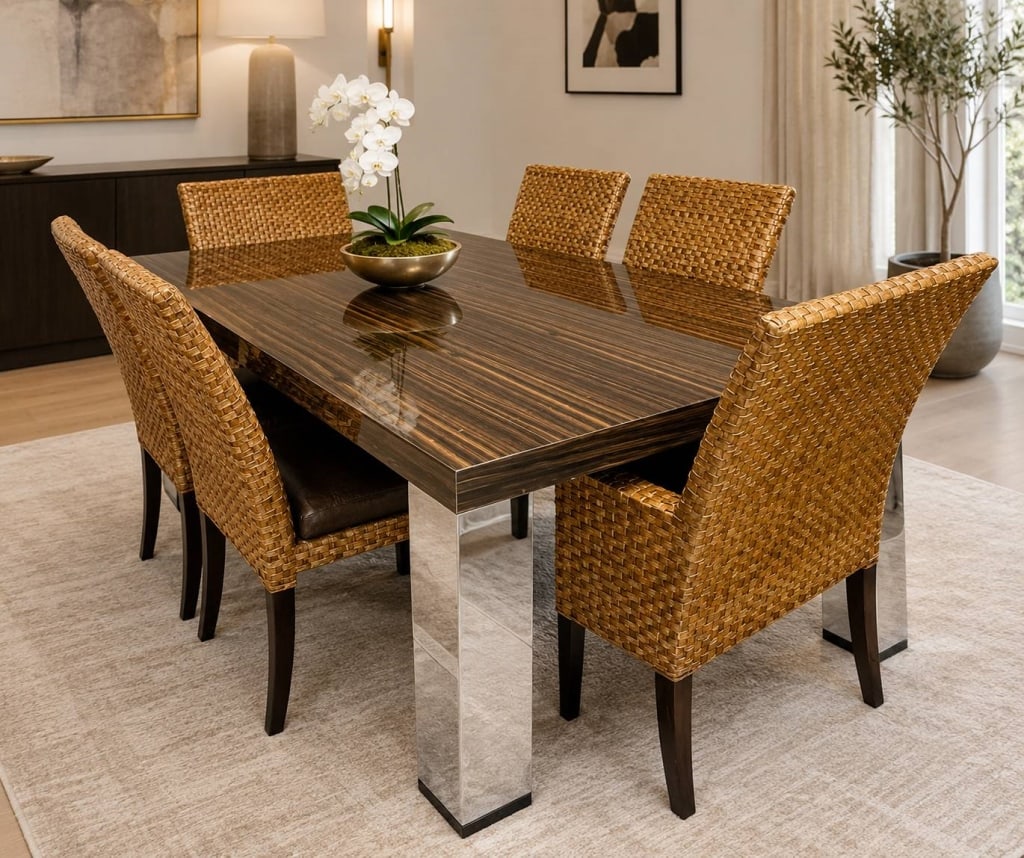 MODERN DINING TABLE & 6 WOVEN CHAIRS 78.5" (1 of 12)