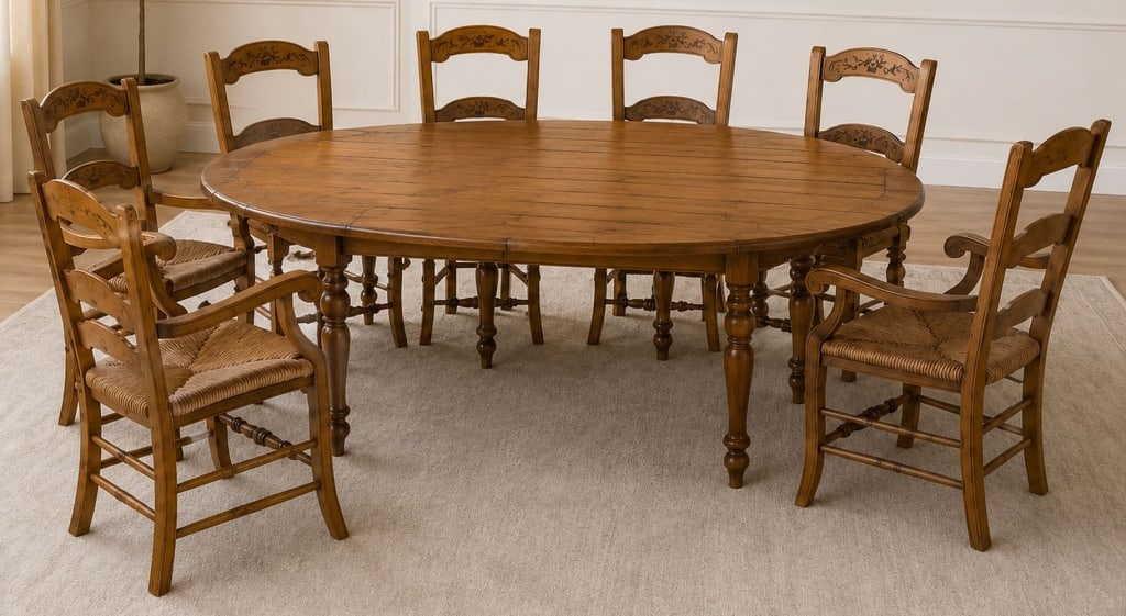 FRENCH COUNTRY OVAL DINING TABLE WITH 8 CHAIRS: French country style oval dining table with matching set of 8 chairs, including 2 armchairs and 6 side chairs. The set features a warm honey-toned wood finish, carved decorative chair backs with flora