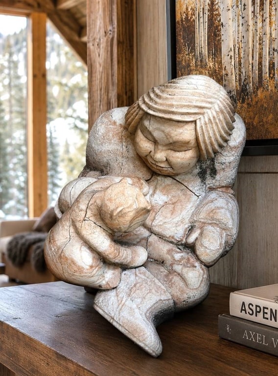 NATIVE AMERICAN STYLE CHILD W BEAR SCULPTURE 16": Decorative Native American style cast stone or composite garden sculpture depicting a smiling child seated with a bear cub companion. Executed with a weathered faux-stone finish, the sculpture capture