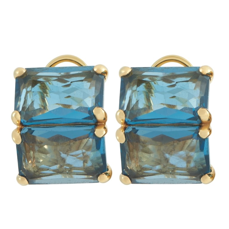 IPPOLITA 18K YELLOW GOLD TOPAZ EARRINGS: Vibrant blue Topaz gemstones make these Ippolita earrings impossible to ignore. Perfect for adding a stunning pop of color to any ensemble, each earring measures 0.60 long by 0.45 wide and includes a 