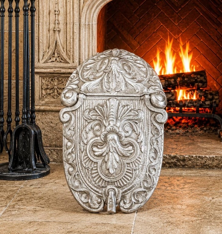 19TH C. FRENCH CAST IRON COAL HOD PLANTER 24": This 19th-century French Gothic Revival cast iron coal hod features an elaborately molded front with scrolling foliate ornament, a central fleur-de-lis motif, and a richly detailed domed backplate. Or