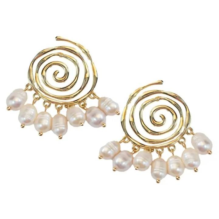 GOLDEN SWIRL PEARL DROP EARRINGS: These ocean-inspired gold-plated brass earrings feature a sleek gold swirl design paired with genuine natural-shaped pearls. The gold and white combination effortlessly complements all summer