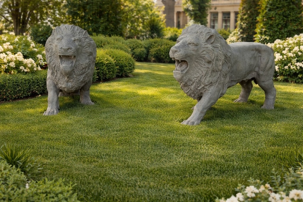 PAIR OF GARDEN LION SCULPTURES AFTER BARYE 77" (1 of 9)
