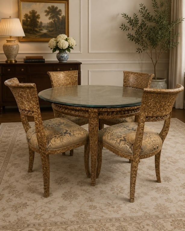 GLASS TOP DINING SET WITH 4 CHAIRS: Elegant carved dining set featuring a round glass-top table and four matching upholstered chairs. The table base and chair frames showcase intricate carved floral and scrollwork detailing, creating a 