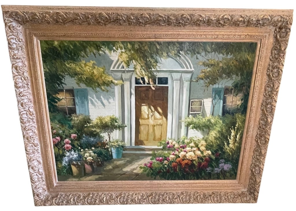 SIGNED GARDEN ENTRY LANDSCAPE OIL 61": Original signed oil painting depicting a lush garden entryway with a white architectural doorway, blue shutters, flowering shrubs, and a sunlit path. The piece is painted in an impressionistic style w