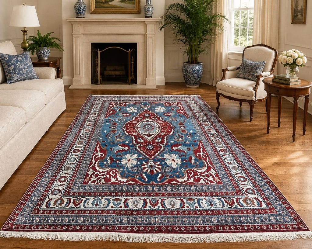 HAND-KNOTTED PERSIAN STYLE WOOL AREA RUG 172": Beautiful hand-knotted Persian-style area rug featuring an elaborate central medallion surrounded by scrolling floral and foliate motifs. The rich palette combines deep burgundy red, blue, ivory, crea