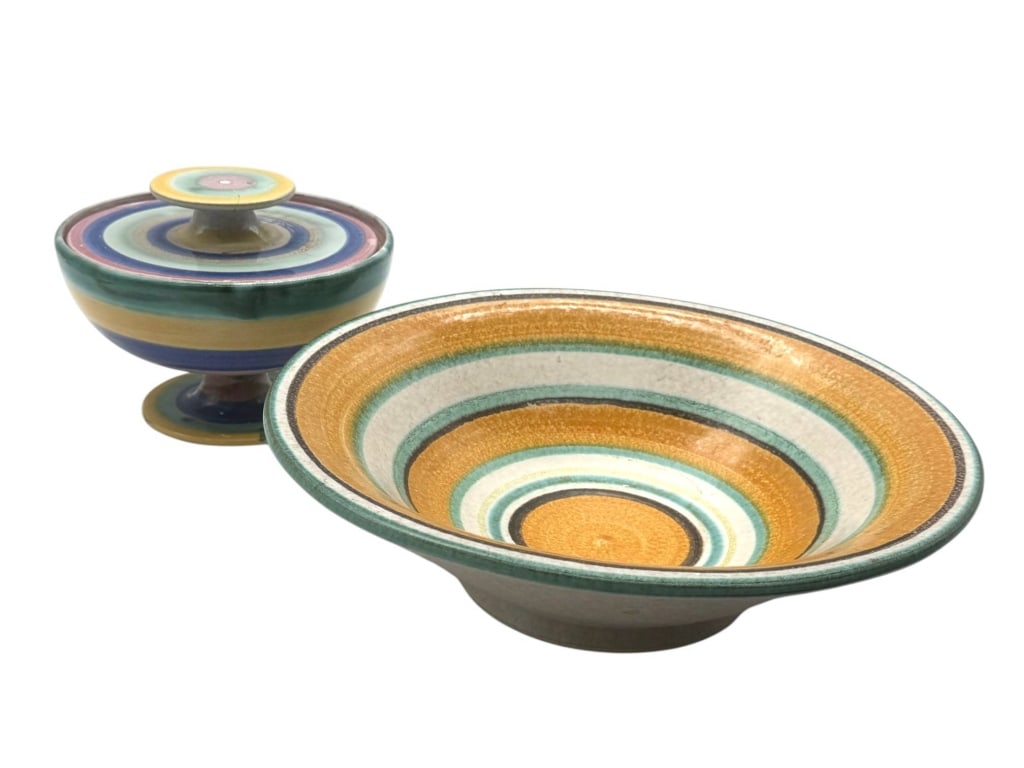 SET OF TWO ITALIAN MADE ART POTTERY BOWLS 18": Attractive two-piece Italian art pottery lot comprising a hand-decorated pedestal covered urn and a coordinating wide decorative bowl, each featuring concentric bands in earthy shades of ochre, teal, 