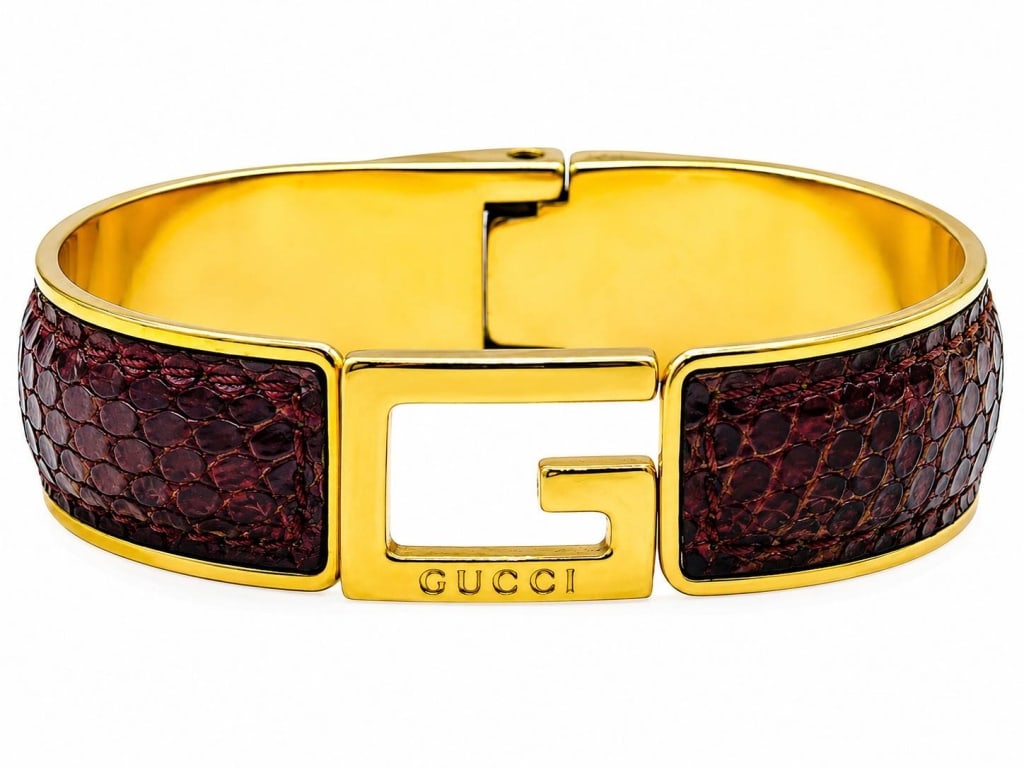 GUCCI VINTAGE G LOGO PYTHON HINGED BANGLE 2.5" - 2
