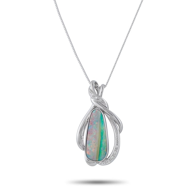 PLATINUM 0.06CT DIAMOND AND OPAL PENDANT NECKLACE: A one-of-a-kind freeform pendant in platinum, showcasing an 8.35 ct boulder opal with vivid play-of-color in greens, pinks, and blues, enveloped in sweeping ribbon-form platinum bands set with 0.06 ct