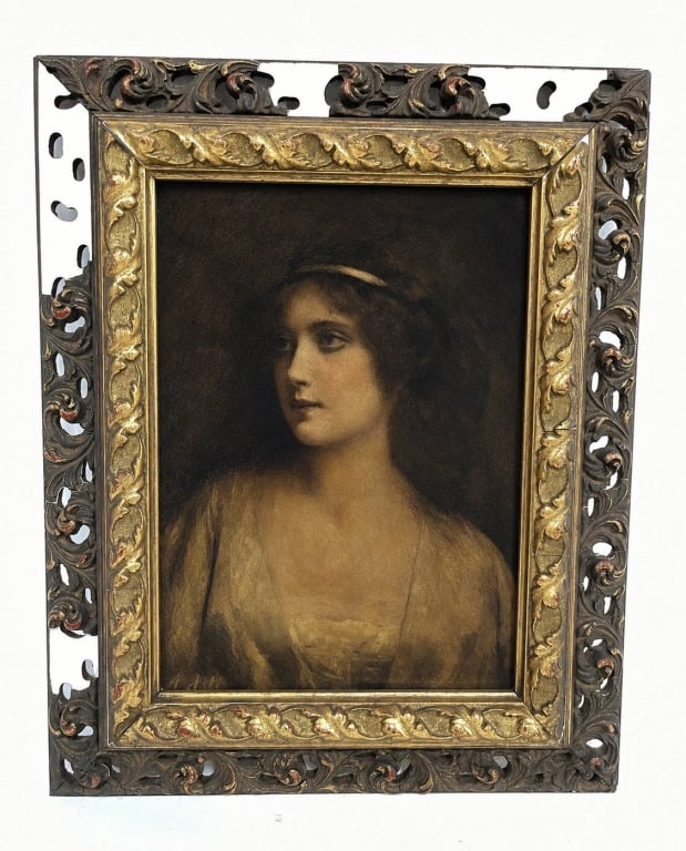 ANGELO ASTI 19TH C. FRAMED PORTRAIT WOMAN SIGNED: Angelo Asti (Italian/French, 1847 - 1903) antique portrait painting depicting a young woman in soft, romantic tones with the artist's signature elegant Belle Epoque style. A beautiful display piece