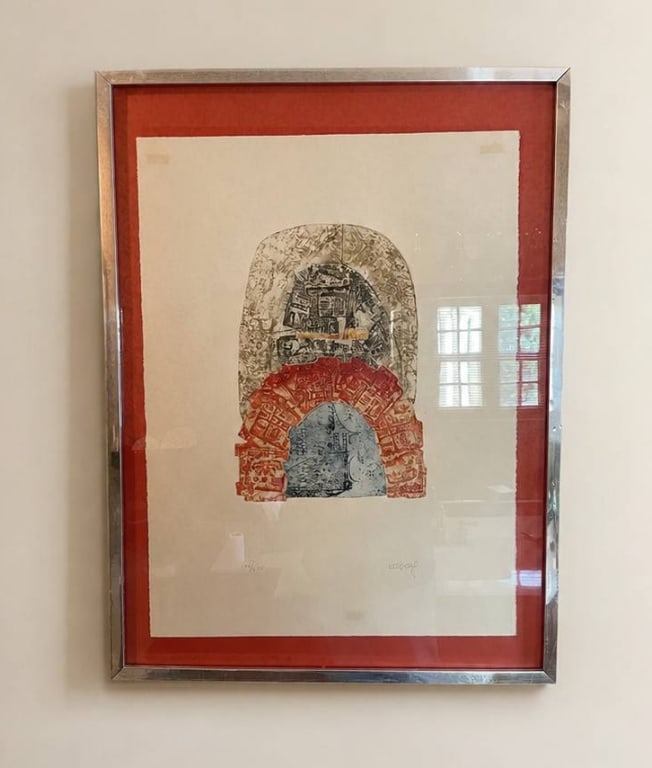 SIGNED LIMITED EDITION ABSTRACT PRINT 206/250 36": This is a limited edition abstract print numbered 206 out of 250. The piece features a multi-colored composition and is signed by the artist in pencil. It is professionally framed with a red mat and