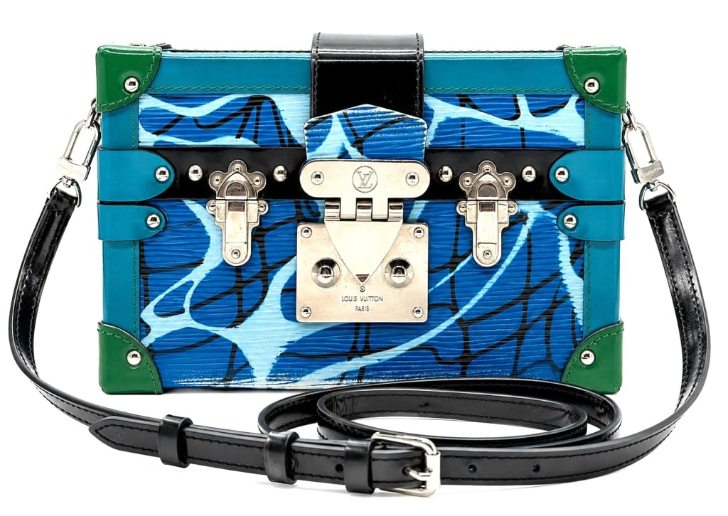 RARE LOUIS VUITTON PETITE MALLE 8?: This Louis Vuitton Petite Malle handbag features a striking blue floral-inspired design on textured Epi leather with contrasting turquoise and green trim, polished silver-tone trunk hardware, and the