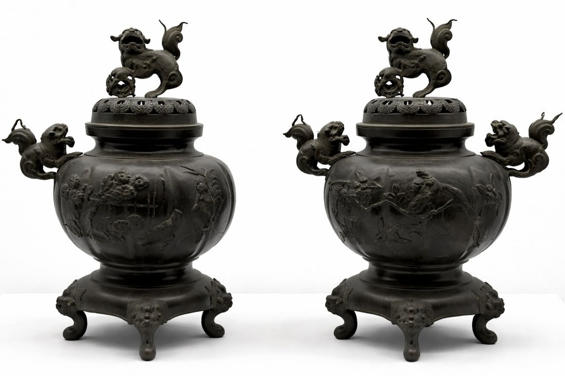CHINESE BRONZE CENSER FOOD DOG FINIAL PAIR 17": ANTIQUE CHINESE BRONZE INCENSE BURNER CENSER WITH FOO DOG FINIAL AND FIGURAL HANDLES -- PAIR AS IS Impressive antique Asian bronze censer featuring a richly sculpted Foo Dog finial atop a pierced