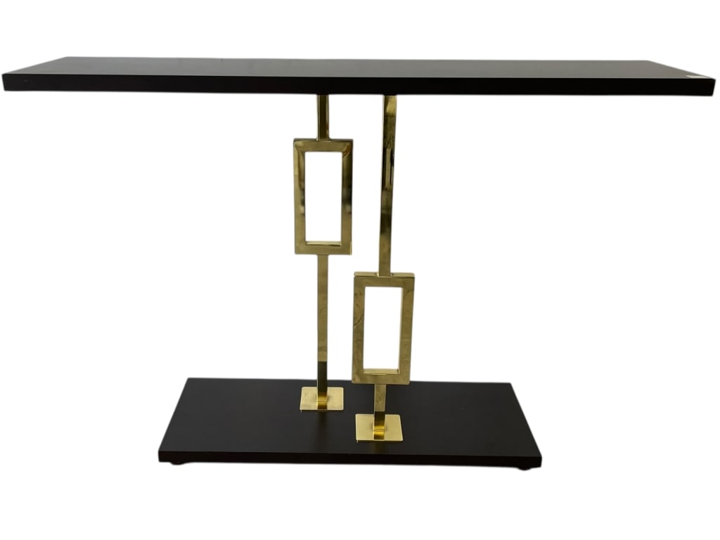 MODERN CONSOLE TABLE W GEOMETRIC BASE 47": ****for competitive shipping options please go to www.dejavuauctionshipping.com-MODERN RECTANGULAR CONSOLE TABLE WITH GEOMETRIC METAL BASE-Striking modern console table featuring a rectangular dark