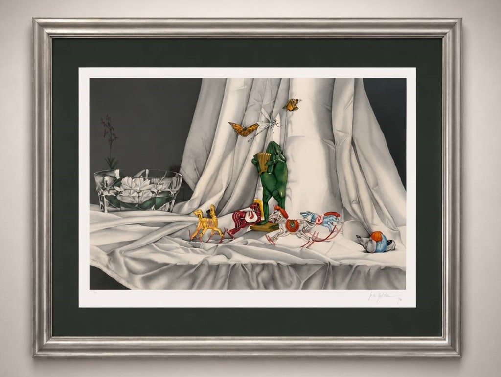 P.S. GORDON SIGNED WHIMSICAL STILL LIFE PRINT 40": Framed P.S. Gordon art print featuring a whimsical still-life of toy animals and butterflies set against draped fabric. The print is artist-signed at the lower right and dated 1989. Frame dimensions