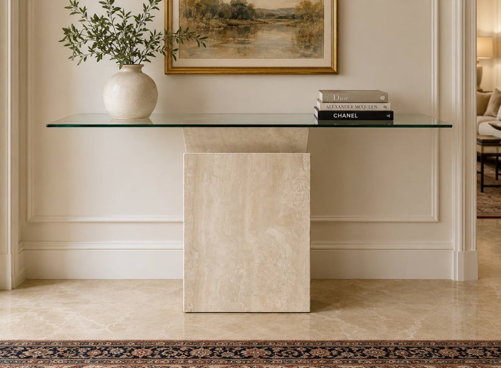 ANGELO MANGAROTTI STYLE CONSOLE TABLE 52": Elegant modern console or sofa table POSSOBLY ANGELO MANGAROTTI featuring a sculptural architectural pedestal base crafted in cream-toned travertine stone and topped with a substantial rectangular gla